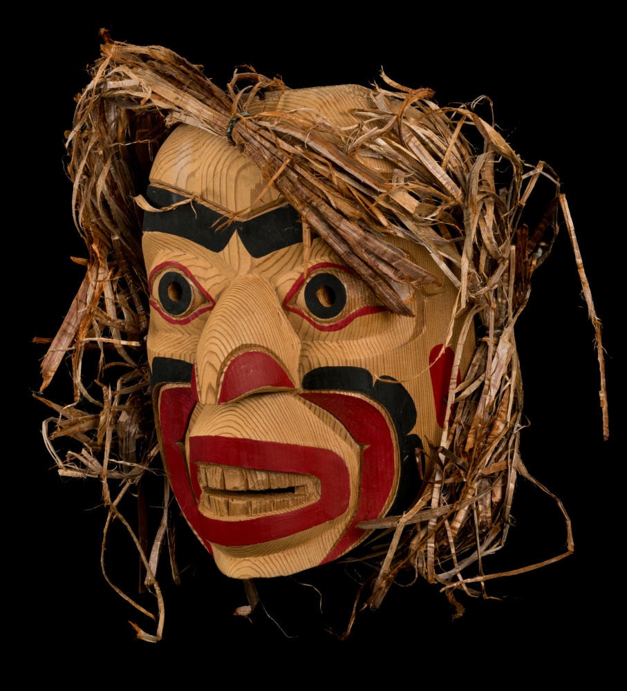 GLEN HARRIS, GITXSAN (GITKSAN), Gitksan Warrior Mask: GLEN HARRIS, GITXSAN (GITKSAN) Gitksan Warrior Mask, cedar wood, cedar bark, and acrylic paint, 12.5 x 10.5 x 6 in (31.8 x 26.7 x 15.2 cm) signed, titled, and inscribed, "GLEN / HARRIS / GITKSAN / WAR