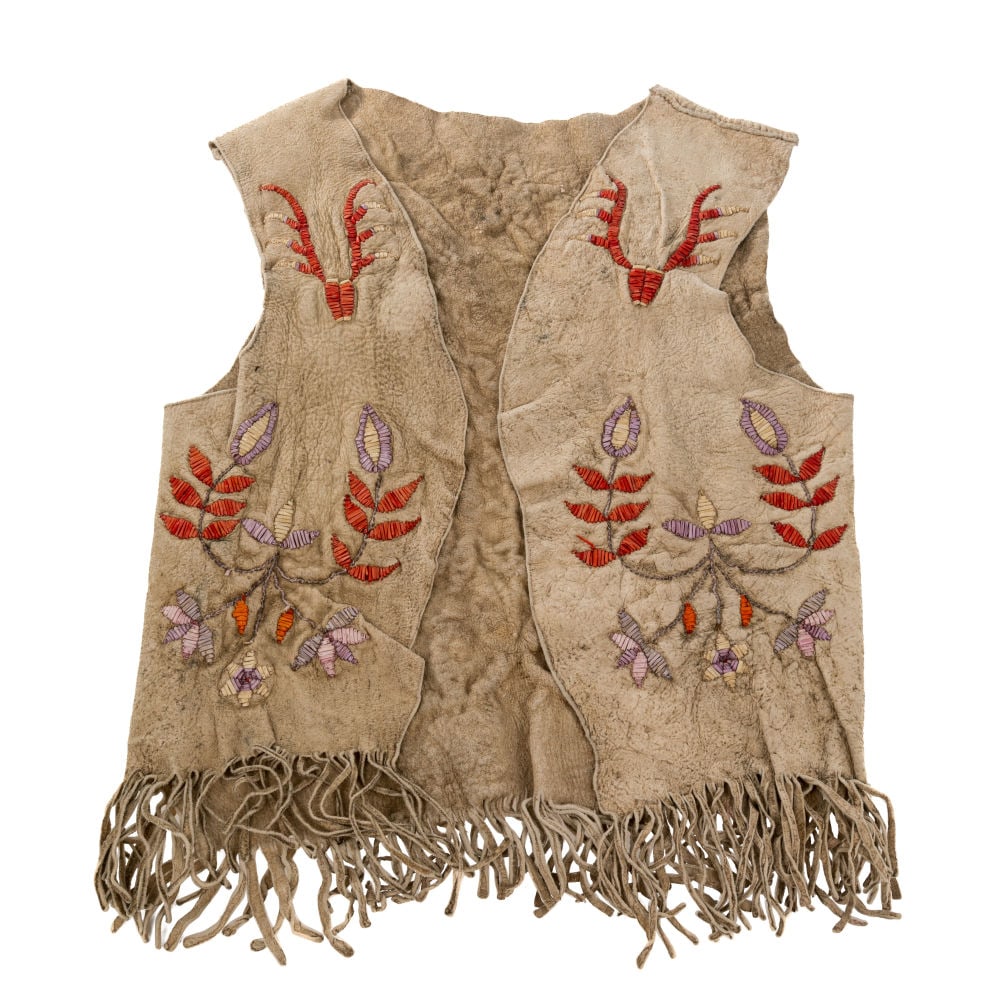 UNIDENTIFIED EASTERN SIOUX ARTIST, Quilled Child's Vest, late 19th century: UNIDENTIFIED EASTERN SIOUX (PROBABLY SANTEE) ARTIST Quilled Child's Vest, late 19th century hide, quills, and dyes, 15 x 12 x 0.25 in (38.1 x 30.5 x 0.6 cm), measurements reflect dimensions with fring