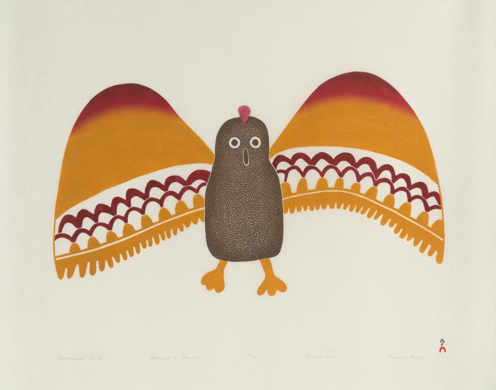 MEELIA KELLY, INUIT, Whimsical Bird, 2003 #18: MEELIA KELLY (1940-2006) KINNGAIT (CAPE DORSET) Whimsical Bird, 2003 #18 Printmaker: QIATSUK NIVIAQSI (1941-) KINNGAIT (CAPE DORSET) stonecut and stencil, 22 x 28 in (55.9 x 71.1 cm) 5/50 Provenance P