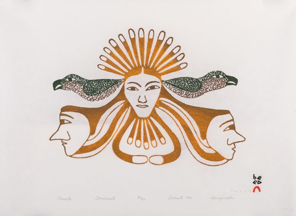 KENOJUAK ASHEVAK, INUIT, Oracle, 1999 (1959-1999 #8): KENOJUAK ASHEVAK, C.C., R.C.A. (1927-2013) KINNGAIT (CAPE DORSET) Oracle, 1999 (1959-1999 #8) Printmaker: QAVAVAU MANUMIE (1958 -) KINNGAIT (CAPE DORSET) stonecut, 11 x 15 in (27.9 x 38.1 cm) 30/50 Pr
