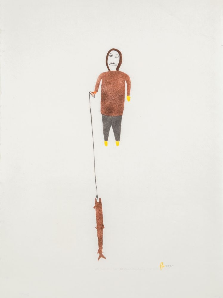 LUKE ANGUHADLUQ, INUIT, The Fisher Man, 1980 #5: LUKE ANGUHADLUQ (1895-1982) QAMANI’TUAQ (BAKER LAKE) The Fisher Man, 1980 #5 Printmaker: MARGARET TOODLIK AMAROOK (1942-) QAMANI'TUAQ (BAKER LAKE) stencil, 29.25 x 21.75 (74.3 x 55.2 cm) 16/50 P