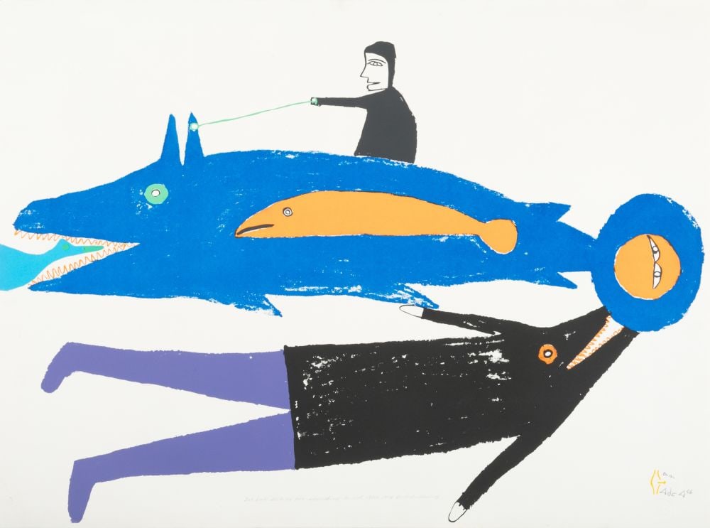JESSIE OONARK, INUIT, Two Fish Looking for Something To Eat, 1978 #16: JESSIE OONARK, O.C., R.C.A (1906-1985) QAMANI'TUAQ (BAKER LAKE) Two Fish Looking for Something To Eat, 1978 #16 Printmaker: THOMAS AKULIAQ PERYOUAR (1964-) QAMANI’TUAQ (BAKER LAKE) silkscreen, 2