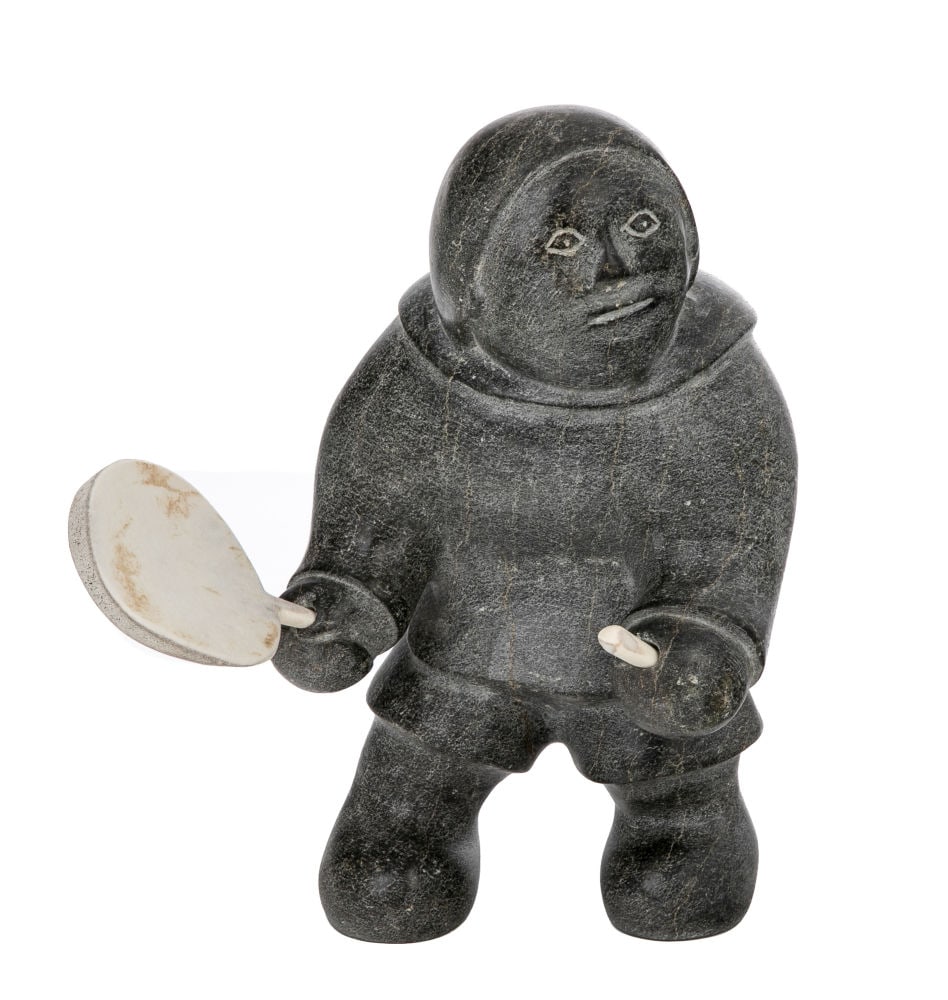 MATHEW AQIGAAQ, INUIT, Drum Dancer: MATHEW AQIGAAQ (1940-2010) QAMANI'TUAQ (BAKER LAKE) Drum Dancer, stone and antler, 12 x 8 x 10 in (30.5 x 20.3 x 25.4 cm), measurements reflect dimensions with inset drum and beater signed, "ᐊ&#