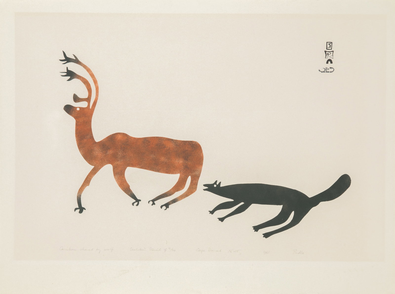 PUDLO PUDLAT, INUIT, Caribou Chased by Wolf, 1961 #18: PUDLO PUDLAT (1916-1992) KINNGAIT (CAPE DORSET) Caribou Chased by Wolf, 1961 #18 Printmaker: EEGYVUDLUK POOTOOGOOK (1931-1999) KINNGAIT (CAPE DORSET) sealskin stencil, 19 x 22.75 (48.3 x 57.8 cm) 5/50