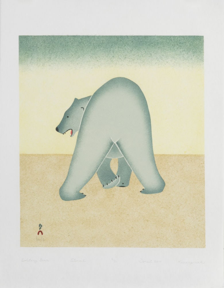 KANANGINAK POOTOOGOOK, INUIT, Solitary Bear, 2010 #5: KANANGINAK POOTOOGOOK, R.C.A. (1935-2010) KINNGAIT (CAPE DORSET) Solitary Bear, 2010 #5 Printmaker: QIATSUK NIVIAQSI (1941-) KINNGAIT (CAPE DORSET) stencil, 22 x 17 in (55.9 x 43.2 cm) 6/50 Provenance