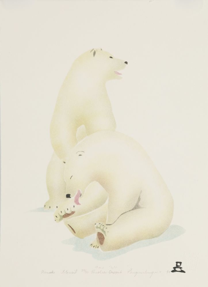 ANDREW QAPPIK, INUIT, Nanook, 1997 #2: ANDREW QAPPIK, C.M. (1964-) PANNIRTUQ (PANGNIRTUNG) Nanook*, 1997 #2 Printmaker: ANDREW QAPPIK, C.M. (1964-) PANNIQTUUQ (PANGNIRTUNG) stencil, 14.25 x 10.25 in (36.2 x 26 cm) 25/50 *spelt "Nanoks" on 