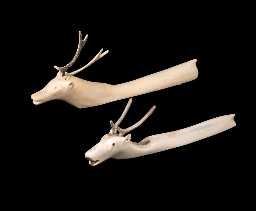 JACOB IRKOK, INUIT, Pair of Swimming Caribou, 2000s: JACOB IRKOK (1937-2009) ARVIAT (ESKIMO POINT) Pair of Swimming Caribou, 2000s each antler, the first: 4.25 x 12 x 2 in (10.8 x 30.5 x 5.1 cm) the second: 3 x 11 x 1.25 in (7.6 x 27.9 x 3.2 cm), measur