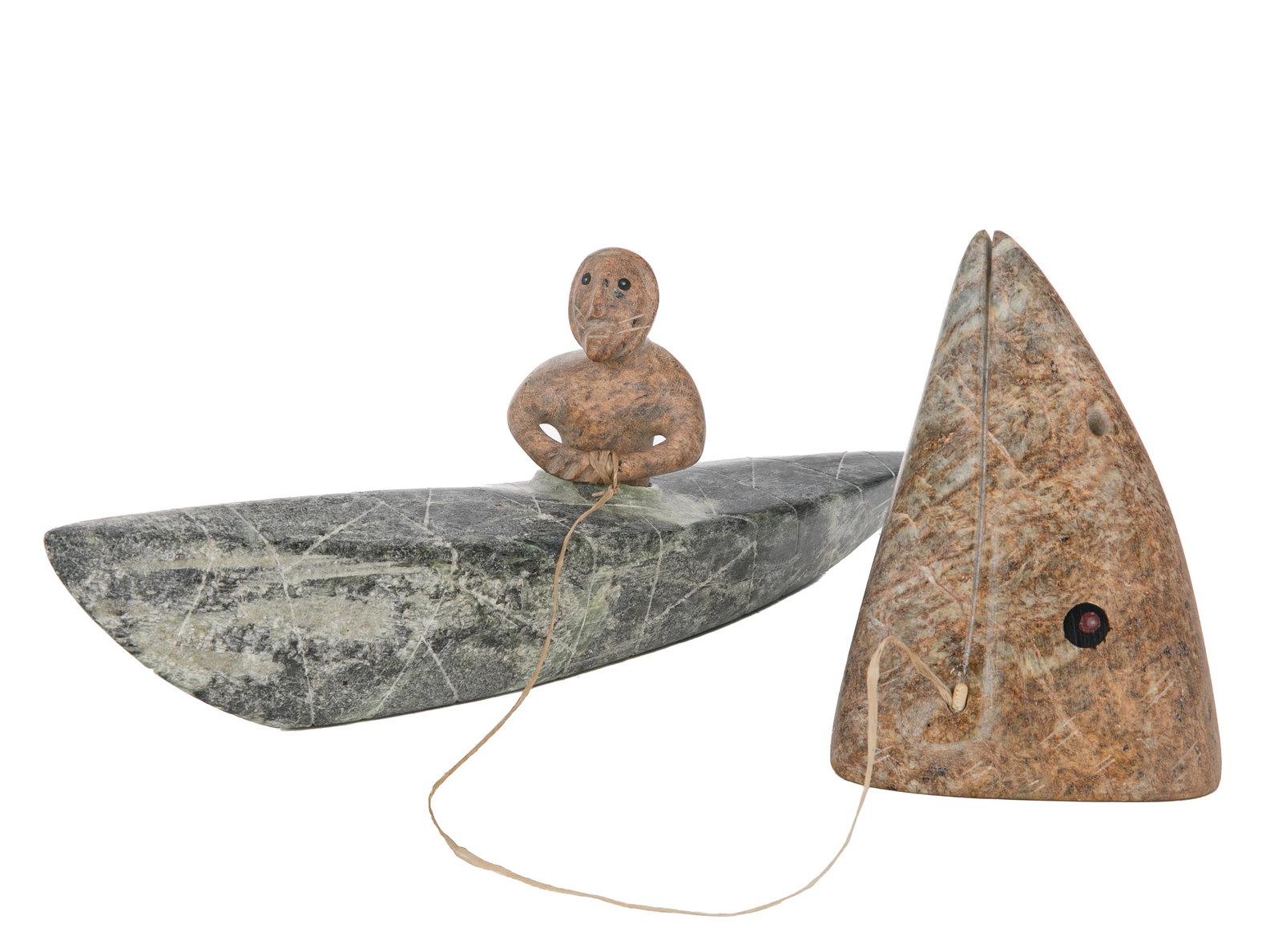 DAVID RUBEN PIQTOUKUN, INUIT, Kiviuq Captures with Giant Fish, 2016: DAVID RUBEN PIQTOUKUN (1950-) PAULATUK / ONTARIO Kiviuq Captures with Giant Fish, 2016 stone, waxed string, black inlay, 6 x 15 x 6 in (15.2 x 38.1 x 15.2 cm) signed and dated, "DAVID RUBEN PIQTOUKUN 