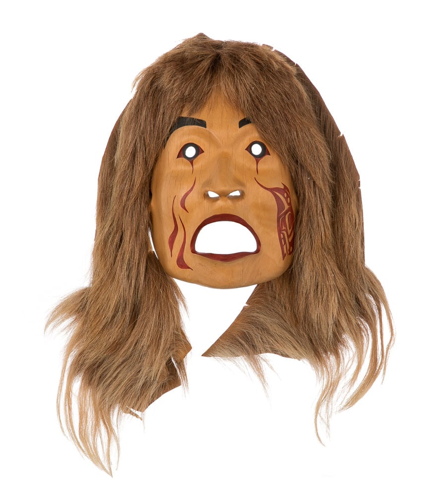 STAN GREENE, COAST SALISH, Salmon Woman Mask, 1982: STAN GREENE (1953-) COAST SALISH, CULTUS LAKE, B.C. Salmon Woman Mask, 1982 alder wood, acrylic paint, and goat fur, 15.5 x 11 x 4.5 in (39.4 x 27.9 x 11.4 cm), measurements reflect dimensions with fu