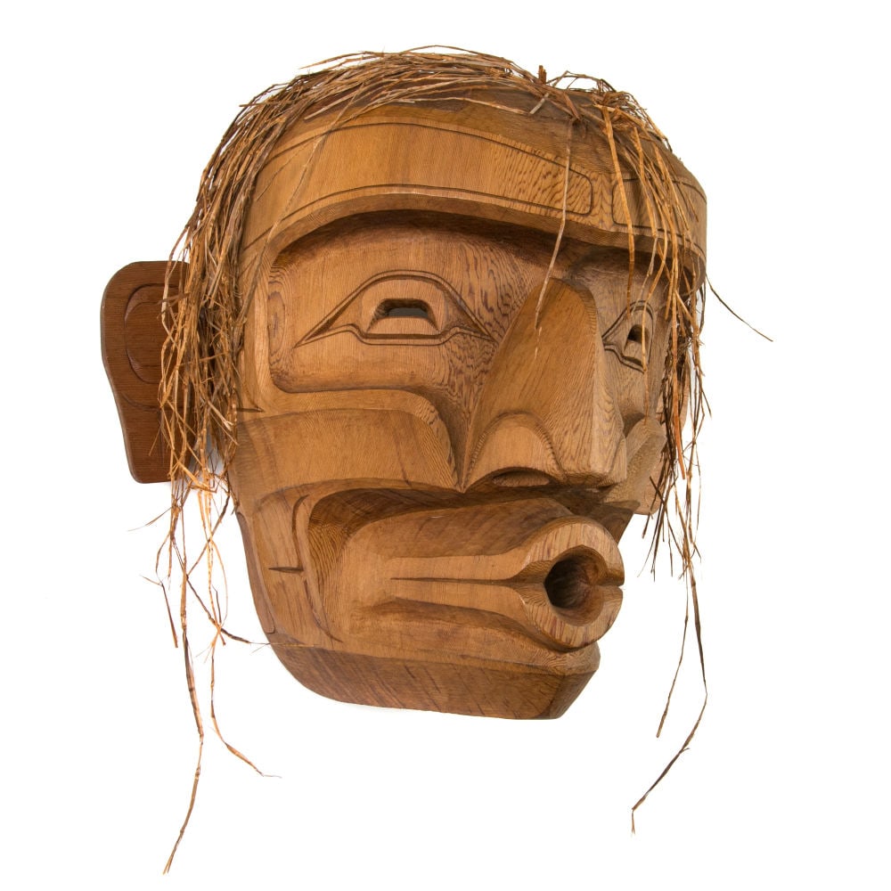 STAN HUNT, KWAKWA̱KA̱ʼWAKW, Tsonokwa (Kwaguilth Wild Woman), c. early 2000s: STANLEY “STAN” CLIFFORD HUNT (1954-) KWAKWA̱KA̱ʼWAKW, FORT RUPERT, B.C. Tsonokwa (Kwaguilth Wild Woman), c. early 2000s carved cedar wood and cedar bark, 18 x 20.25 x 11 in 