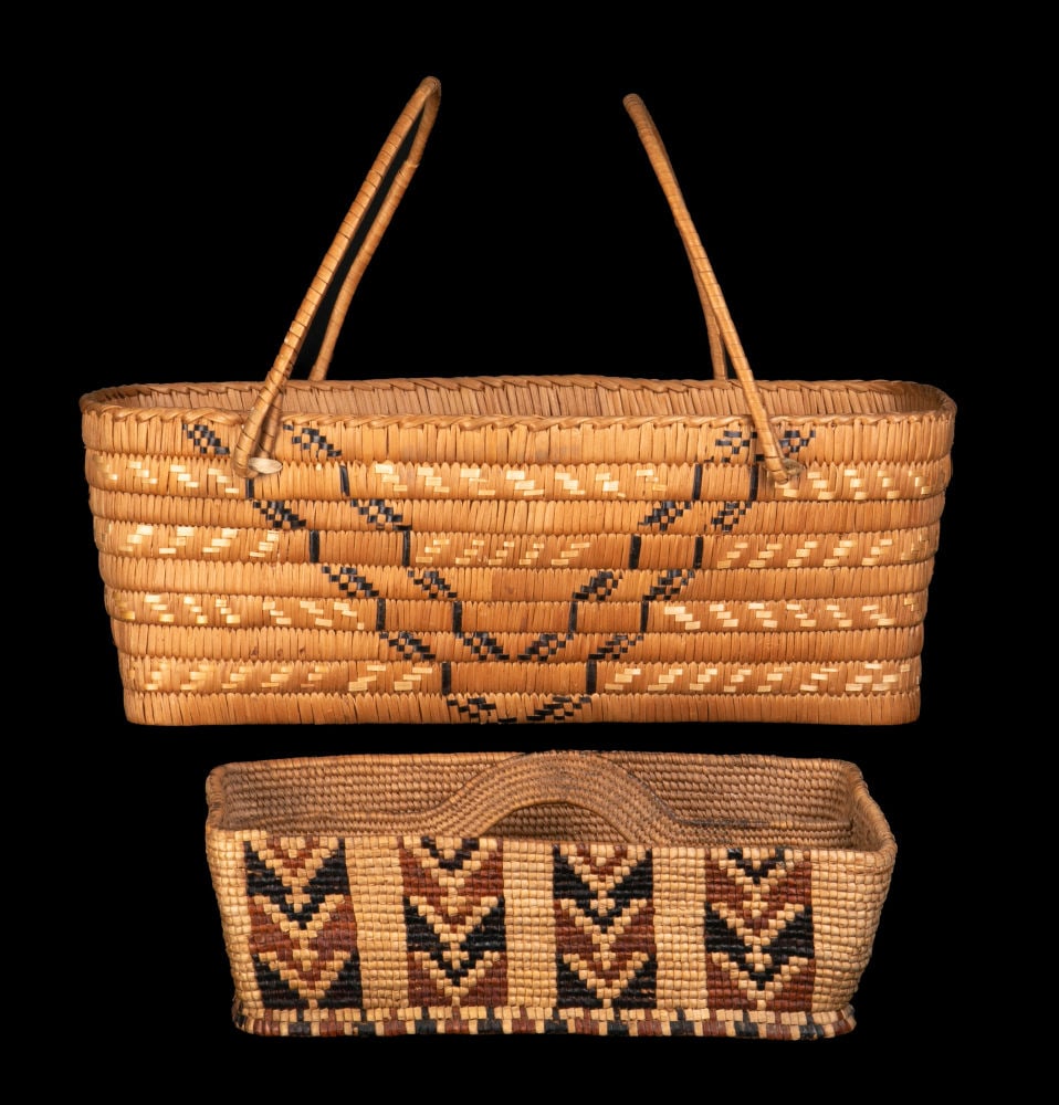 UNIDENTIFIED SALISH ARTISTS, Two Carrying Containers, early 1900s: UNIDENTIFIED SALISH ARTISTS Two Carrying Containers, early 1900s the first, cedar bark, cherry bark, plant fibre, and hide, 6.5 x 18 x 8.5 in (16.5 x 45.7 x 21.6 cm), measurements reflect dimensions w