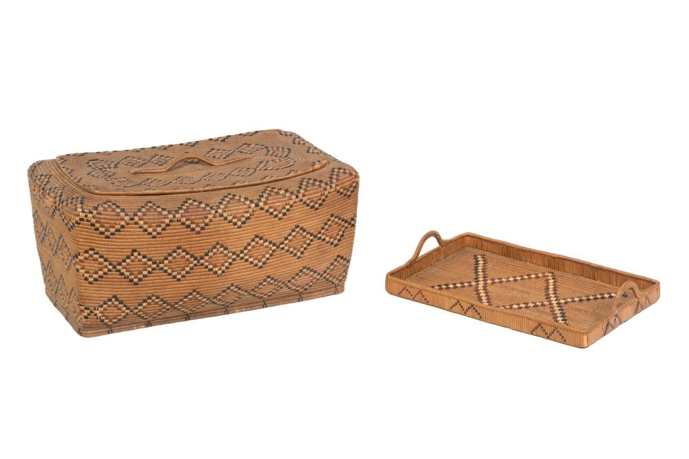 UNIDENTIFIED SALISH ARTISTS, Lidded Storage Basket and Tray, early 1900s: UNIDENTIFIED SALISH ARTISTS Lidded Storage Basket and Tray, early 1900s each coiled cedar root with cherry bark imbrications, basket: 11.5 x 25 x 16.5 in (29.2 x 63.5 x 41.9 cm) the tray: 3.75 x 19.75
