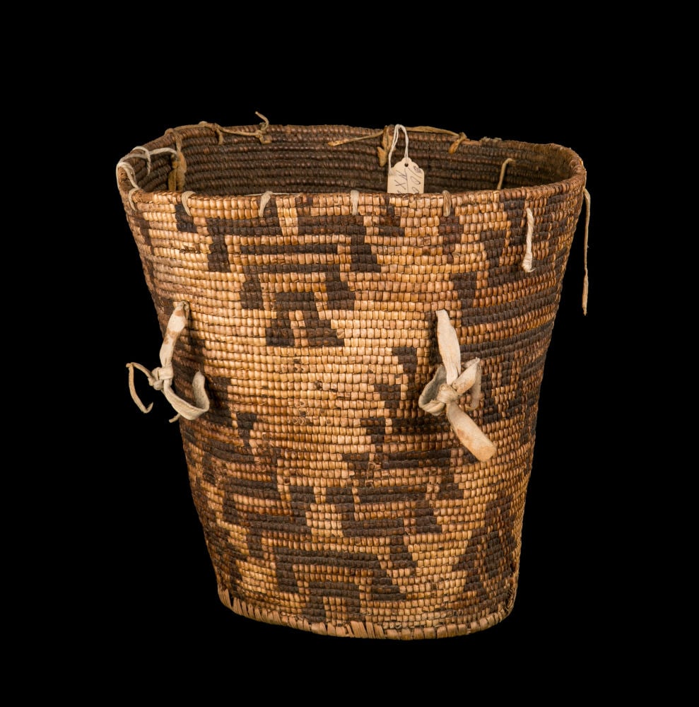 UNIDENTIFIED KLICKITAT OR YAKAMA ARTIST, Coiled Huckleberry Basket, c. 19th century: UNIDENTIFIED SALISH ARTIST, POSSIBLY KLICKITAT OR YAKIMA Coiled Huckleberry Basket, c. 19th century split cedar root, bear grass, hide, and string, 13.5 x 14 x 14 in (34.3 x 35.6 x 35.6 cm) Provenance