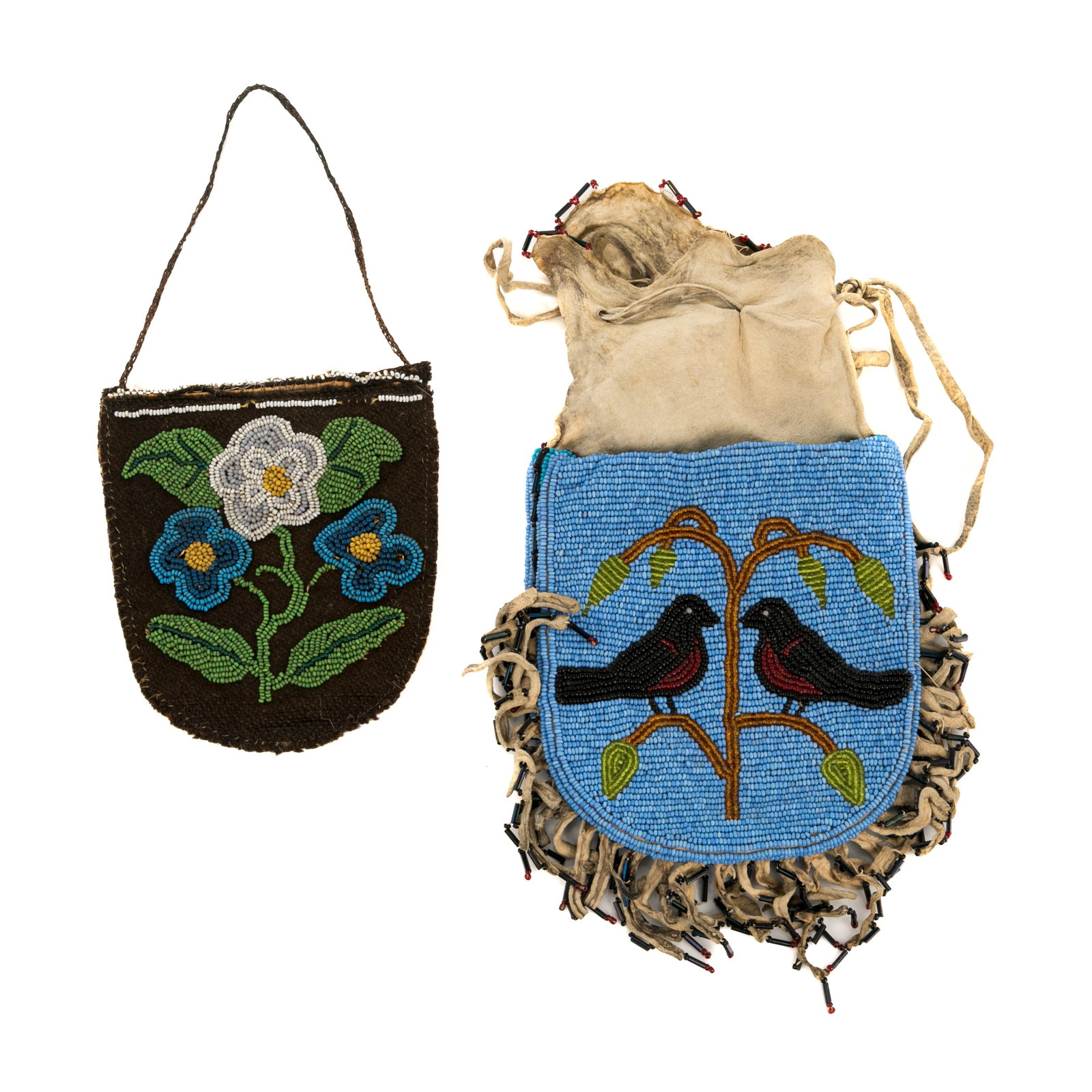 UNIDENTIFIED FIRST NATIONS ARTISTS, Two Beaded Bags, c. 1900: UNIDENTIFIED CREE ARTIST & UNIDENTIFIED ANISHINAABE (OJIBWE / CHIPPEWA) ARTIST Two Beaded Bags, c. 1900 the first: cotton fabric, glass beads, and cotton thread, 5.25 x 4.5 x 0.75 in (13.3 x 11.4 x 1.
