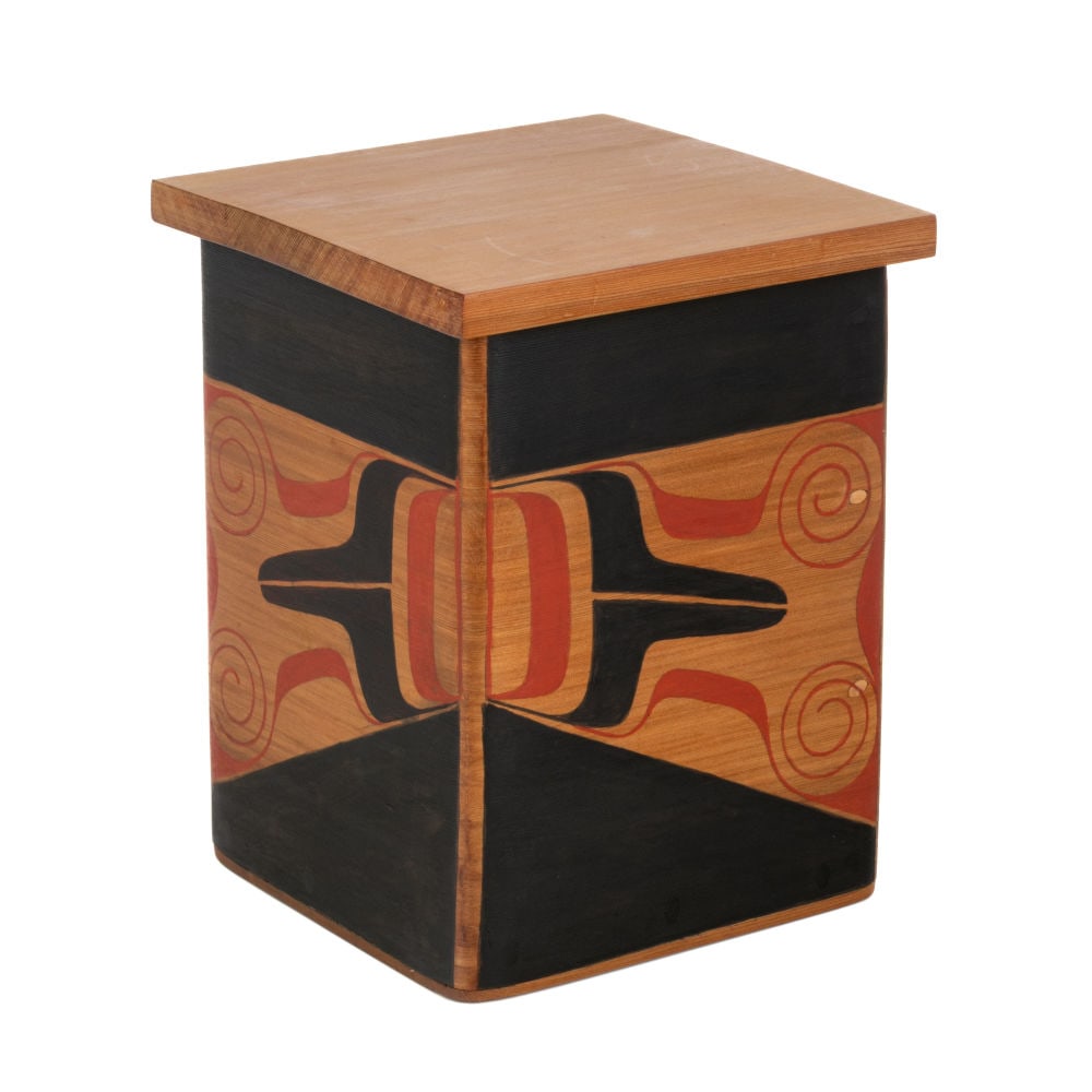 DUANE PASCO, 'Ksan Style Bentwood Box: DUANE PASCO (1932-) AMERICAN, SEATTLE, WASHINGTON 'Ksan Style Bentwood Box, cedar wood and pigment, overall: 9.75 x 7.75 x 7.75 in (24.8 x 19.7 x 19.7 cm) / box: 9.25 x 6 x 6 in (23.5 x 15.2 x 15.2 cm