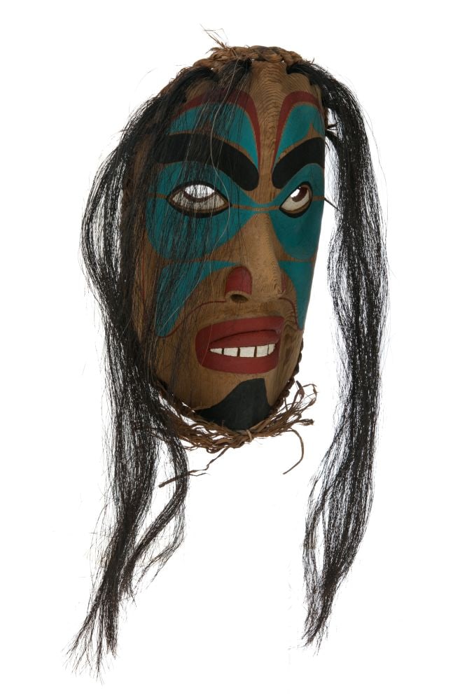 ANDY BRUCE, KWAKWA̱KA̱ʼWAKW, FIRST NATIONS, Shaman Mask, c. late 1990s / early 2000s: ANDY BRUCE (1970-) KWAKWA̱KA̱ʼWAKW, ALERT BAY, B.C Shaman Mask, c. late 1990s / early 2000s cedar wood, cedar bark, horse hair, and acrylic paint, 12.25 x 7.5 x 5.25 in (31.1 x 19.1 x 1