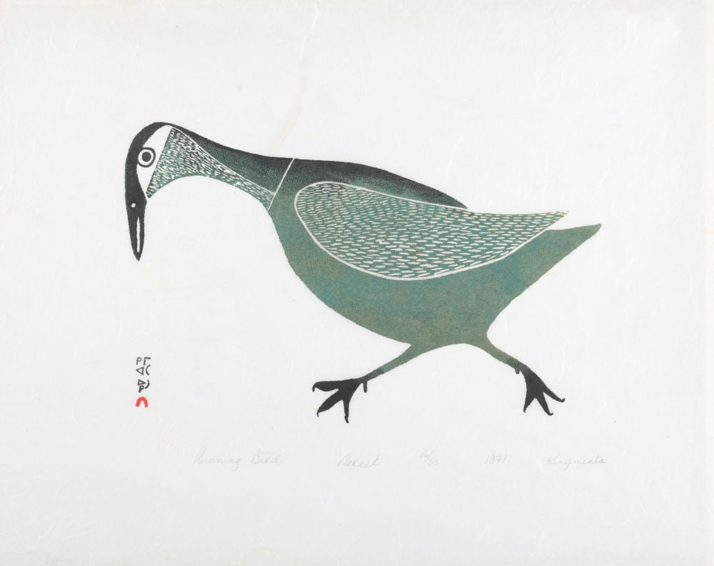 KINGMEATA ETIDLOOIE, INUIT, Running Bird, 1971 #42: KINGMEATA ETIDLOOIE (1915-1989) KINNGAIT (CAPE DORSET) Running Bird, 1971 #42 Printmaker: TIMOTHY OTTOCHIE (1904-1982) KINNGAIT (CAPE DORSET) stonecut, 19.5 x 24.75 in (49.5 x 62.9 cm) 16/50 Provenanc