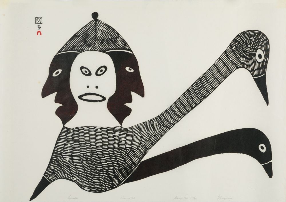 NINGEEUGA OSHUITOQ, INUIT, Spirits, 1968 #24: NINGEEUGA OSHUITOQ (1918-1980) KINNGAIT (CAPE DORSET) Spirits, 1968 #24 Printmaker: TIMOTHY OTTOCHIE (1904-1982) KINNGAIT (CAPE DORSET) stonecut, 17.25 x 24.5 in (43.8 x 62.2 cm) 29/50 Provenance Priv