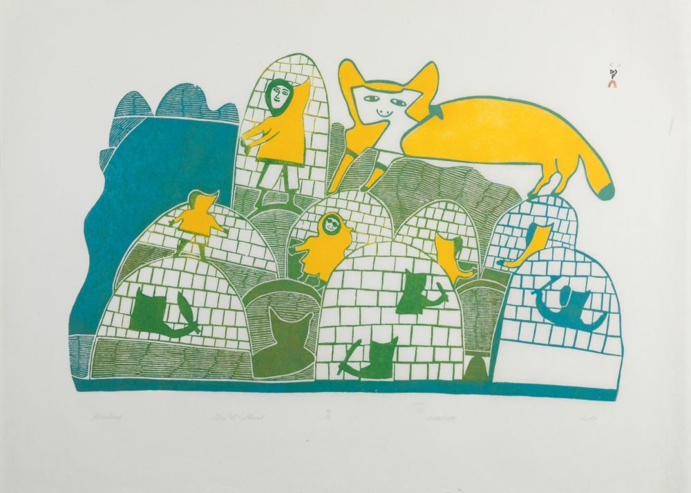 PUDLO PUDLAT, INUIT, Fox in Camp, 1975 #44: PUDLO PUDLAT (1916-1992) KINNGAIT (CAPE DORSET) Fox in Camp, 1975 #44 Printmaker: TIMOTHY OTTOCHIE (1904-1982) KINNGAIT (CAPE DORSET) stonecut and stencil, 24.25 x 33.5 in (61.6 x 85.1 cm) 44/50 Prove