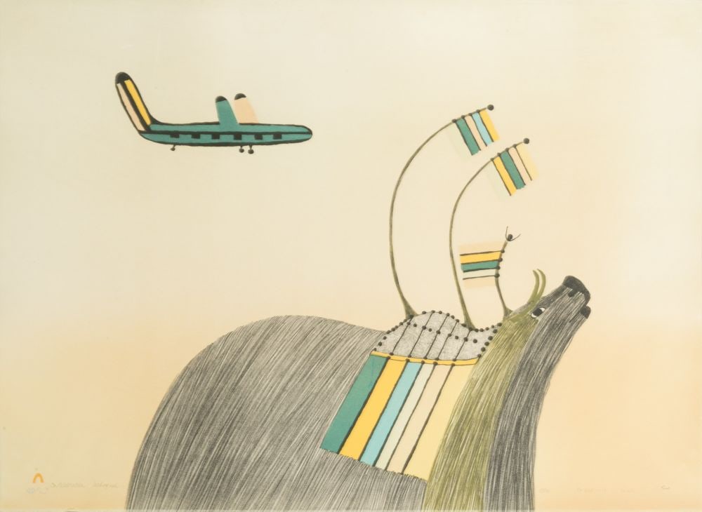 PUDLO PUDLAT, INUIT, In Celebration, 1979 (Special Release): PUDLO PUDLAT (1916-1992) KINNGAIT (CAPE DORSET) In Celebration, 1979 (Special Release) Printmaker: AOUDLA PUDLAT (1951-2006) KINNGAIT (CAPE DORSET) lithograph, hand coloured by the artist with acrylic