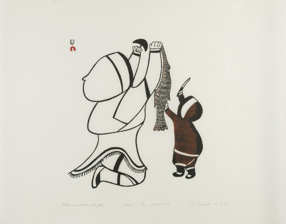 NAPACHIE POOTOOGOOK, INUIT, Mother and Child with Fish, 1977 #40: NAPACHIE POOTOOGOOK (1938 -2002) KINNGAIT (CAPE DORSET) Mother and Child with Fish, 1977 #40 Printmaker: NINGEOSEAK PUDLAT (1937-) KINNGAIT (CAPE DORSET) stonecut, 22 x 28 in (55.9 x 71.1 cm) 5/50 Pro