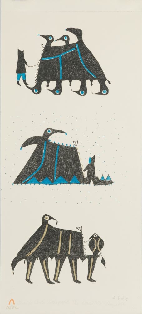 IKAYUKTA TUNNILLIE, INUIT, Strange Tents, 1978 #L14: IKAYUKTA TUNNILLIE (1911-1980) KINNGAIT (CAPE DORSET) Strange Tents, 1978 #L14 Printmaker: PITSEOLAK NIVIAQSI, R.C.A. (1947-2015) KINNGAIT (CAPE DORSET) lithograph, 22.25 x 10 in (56.5 x 25.4 cm) 33/5