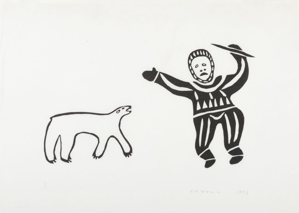 JOSEPI SAM ANNANACK, INUIT, The Bear Hunter, 1973 (1973 I #38): JOSEPI SAM ANNANACK (1925-D) KANGIQSUALUJJUAQ (GEORGE RIVER) The Bear Hunter, 1973 (1973 I #38) Printmaker: JOSEPI SAM ANNANACK (1925-D) KANGIQSUALUJJUAQ (GEORGE RIVER) stonecut, 16.25 x 23 in (41.3 x