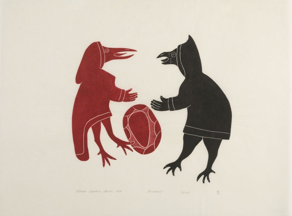 HELEN KALVAK, INUIT, Argument, 1975 #6: HELEN KALVAK, C.M., R.C.A. (1901-1984) ULUKHAKTOK (HOLMAN) Argument, 1975 #6 Printmaker: HARRY EGUTAK (1925-2001) ULUKHAKTOK (HOLMAN ISLAND) stonecut, 18 x 24 in (45.7 x 61 cm) 6/50 Provenance Private