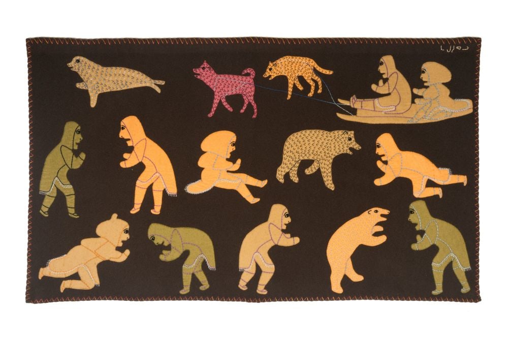VICTORIA MAMNGUQSUALUK, INUIT, Untitled Work on Cloth, late 1970s: VICTORIA MAMNGUQSUALUK (1930-2016) QAMANI'TUAQ (BAKER LAKE) Untitled Work on Cloth, late 1970s duffle, stroud, embroidery floss, and cotton thread, 57.5 x 33 in (146.1 x 83.8 cm) signed, "ᒪȎ