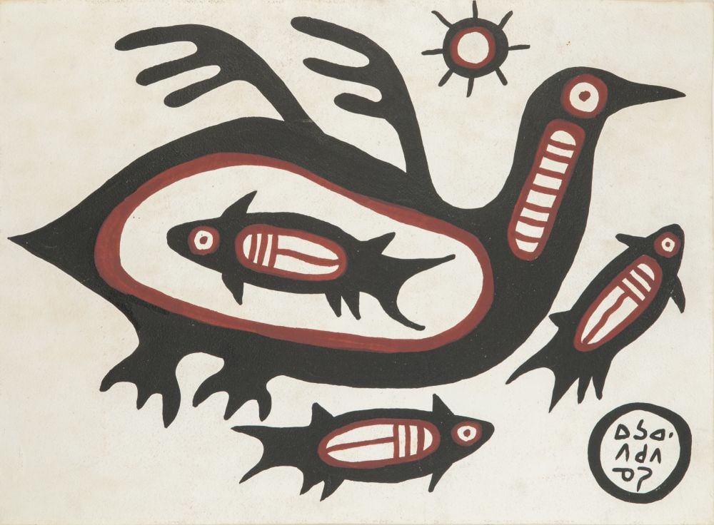 NORVAL MORRISSEAU, FIRST NATIONS, Loon with Fish, early-mid 1960s: NORVAL MORRISSEAU, C.M. (1931-2007) ANISHINAABE (OJIBWE) Loon with Fish, early-mid 1960s ink and tempera on heavy wove paper, 19 x 26 in (48 x 66 cm) signed, "ᐅᓴᐘ/ᐱᑯȄ