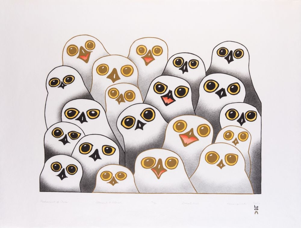 KANANGINAK POOTOOGOOK, INUIT, Parliament of Owls, 2005 #4: KANANGINAK POOTOOGOOK, R.C.A. (1935-2010) KINNGAIT (CAPE DORSET) Parliament of Owls, 2005 #4 Printmaker: QAVAVAU MANUMIE (1958-) KINNGAIT (CAPE DORSET) stonecut and stencil, 24.5 x 32 in (62.2 x 81.3 