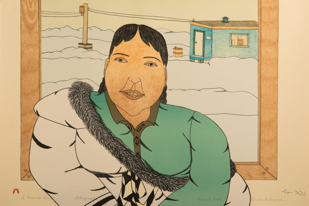 ANNIE POOTOOGOOK, INUIT, A Friend Visits, 2008 #1: ANNIE POOTOOGOOK (1969-2016) KINNGAIT (CAPE DORSET) A Friend Visits, 2008 #1 Printmaker: NIVIAKSIE QUVIANAQTULIAQ (1970-) KINNGAIT (CAPE DORSET) lithograph, 14.75 x 22.25 (37.5 x 56.5 cm) 20/50 Proven