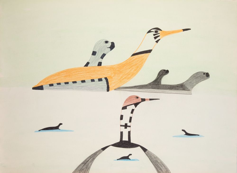 PUDLO PUDLAT, INUIT, Composition with Loons and Seals, late 1970s: PUDLO PUDLAT (1916-1992) KINNGAIT (CAPE DORSET) Composition with Loons and Seals, late 1970s coloured pencil and ink over acrylic was on Arches watermarked paper, 22.25 x 30 in (56.5 x 76.2 cm) signed