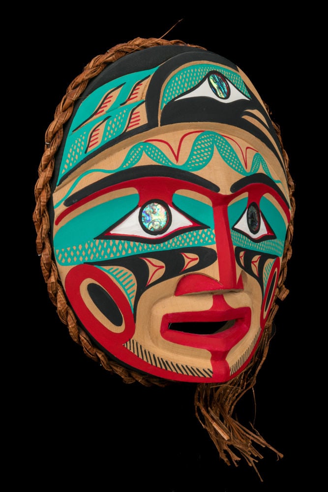 PATRICK AMOS, NUU-CHAH-NULTH, Lady Crow Moon Mask, 13 & 14 March 2017: PATRICK AMOS (1957-) NUU-CHAH-NULTH Lady Crow Moon Mask, 13 & 14 March 2017 cedar wood, cedar bark, acrylic paint, and resin, 12 x 11.75 x 3.25 in (30.5 x 29.8 x 8.3 cm) signed, titled, inscribed, and