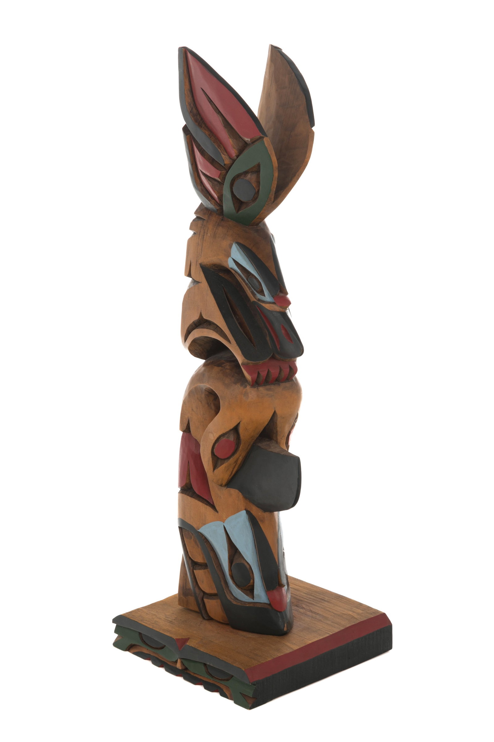 WILLIAM "BILL" KUHNLEY SR., NON-INDIGENOUS, Model Totem Pole, 2000s: WILLIAM "BILL" KUHNLEY SR., NON-INDIGENOUS Model Totem Pole, 2000s wood, 19.25 x 6.25 x 6.5 in (48.9 x 15.9 x 16.5 cm) inscribed with artist's initial, "K-". Provenance Private Collection, New York, N