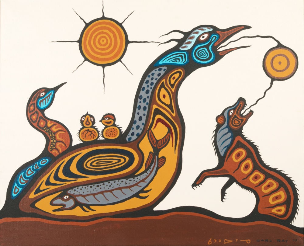 CARL RAY, CREE, Bird with Hatchlings, Swallowed Fish, and a Wolf, 1977: CARL RAY (1943-1978) CREE Bird with Hatchlings, Swallowed Fish, and a Wolf, 1977 acrylic on canvas, 24 x 30 in (61 x 76.2 cm), framed signed and dated, ᑲᕒᐣ ᐅᕒᓀ CARL