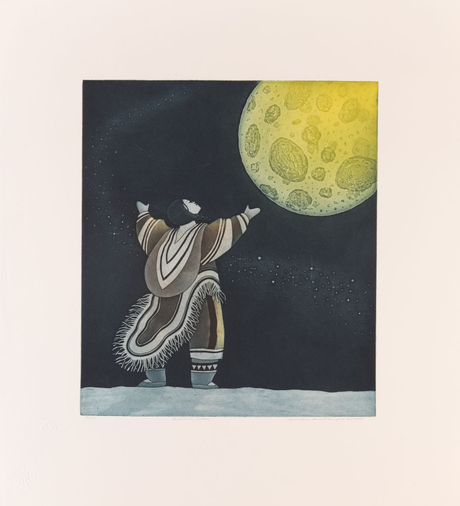 GERMAINE ARNAKTAUYOK, INUIT, Fertility Moon, 2001: GERMAINE ARNAKTAUYOK (1946-) Iglulik (Igloolik) Fertility Moon, 2001 Printmaker: STUDIO PM, MONTREAL etching and aquatint, sheet: 24.75 x 22.5 in (62.9 x 57.1 cm) / plate: 15.75 x 14 in (40 x 35.6 cm)