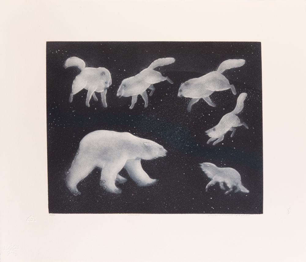 GERMAINE ARNAKTAUYOK, INUIT Ulluriat (Stars), 2001: GERMAINE ARNAKTAUYOK (1946-) Iglulik (Igloolik) Ulluriat (Stars), 2001 Printmaker: STUDIO PM, MONTREAL etching and aquatint, sheet:21.75 x 25.25 in (55.2 x 64.1 cm) / plate: 14.25 x 17 in (36.2 x 43.2