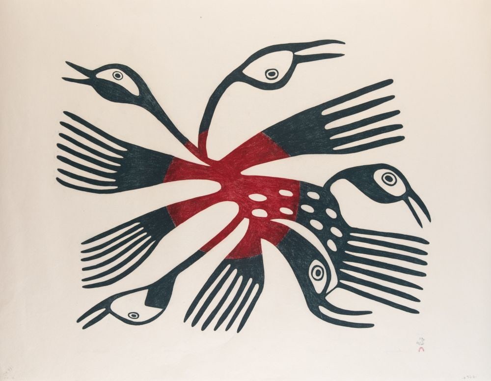 MEELIA KELLY, INUIT, Awakening, 2004 #17: MEELIA KELLY (1940-2006) KINNGAIT (CAPE DORSET) Awakening, 2004 #17 Printmaker: ARNAQU ASHEVAK (1956-2009) KINNGAIT (CAPE DORSET) stonecut and stencil on natural coloured paper, 24.5 x 30.5 in (62.2 x