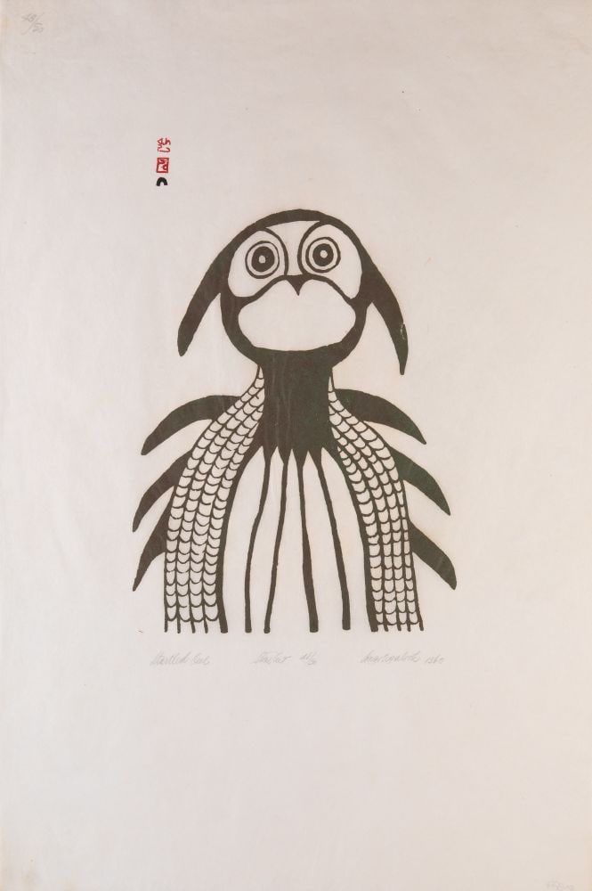 ANGOTIGALUK TEEVEE, INUIT, Startled Owl, 1960 (Dorset Series): ANGOTIGALUK TEEVEE (1910-1967) KINNGAIT (CAPE DORSET) Startled Owl, 1960 (Dorset Series) Printmaker: LUKTA QIATSUK (1928-2004) KINNGAIT (CAPE DORSET) stonecut, 29.75 x 20 in (75.6 x 50.8 cm) 48/50 *Da