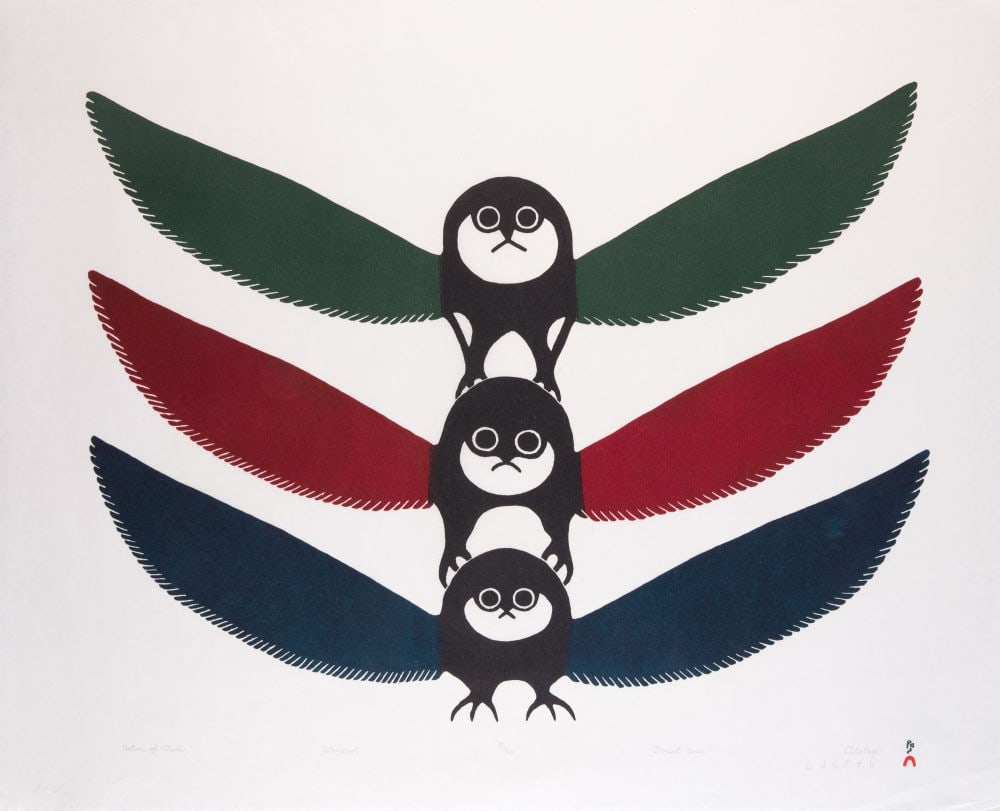 OHOTAQ MIKKIGAK, INUIT, Totem of Owls, 2000 #27: OHOTAQ MIKKIGAK (1936-2014) KINNGAIT (CAPE DORSET) Totem of Owls, 2000 #27 Printmaker: QIATSUK NIVIAQSI (1941-) KINNGAIT (CAPE DORSET) stonecut, 24.5 x 30 in (62.2 x 76.2 cm) 5/50 Provenance Private C