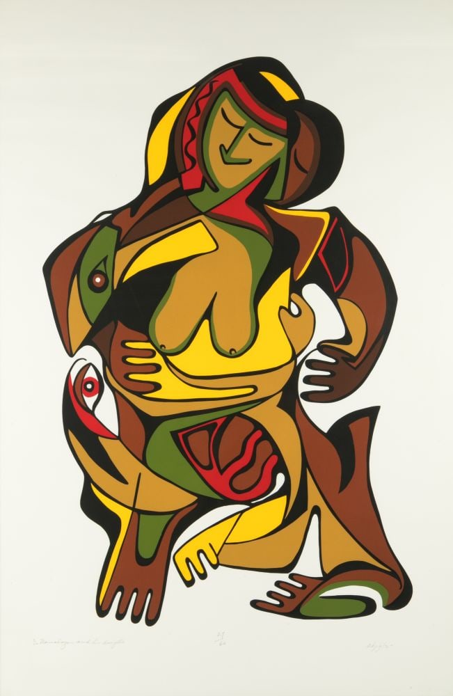 DAPHNE ODJIG, ANISHINAABE, Nanabajou and his Daughter, 1975: DAPHNE ODJIG, C.M., O.B.C. (1919-2016) NESHNABÉ (ANISHINAABE) (POTAWATOMI) Nanabajou and his Daughter, 1975 silkscreen (serigraph), 46.25 x 30.75 in (117.5 x 78.1 cm), framed, sight. 27/60 Proven