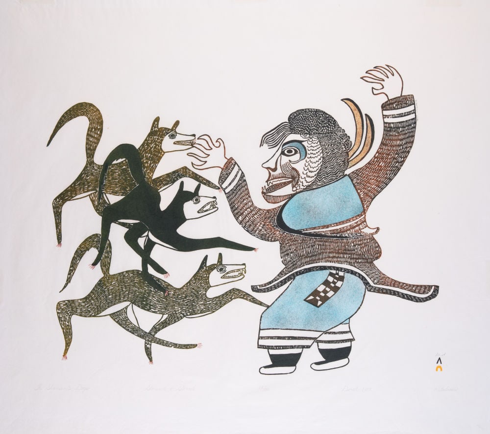 PITALOOSIE SAILA, INUIT, The Shaman's Dogs, 1985 #25: PITALOOSIE SAILA, R.C.A. (1942-2021) KINNGAIT (CAPE DORSET) The Shaman's Dogs, 1985 #25 Printmaker: PEE MIKKIGA (1940-1996) KINNGAIT (CAPE DORSET) stonecut and stencil, 25 x 28 in (63.5 x 71.1 cm) 22/