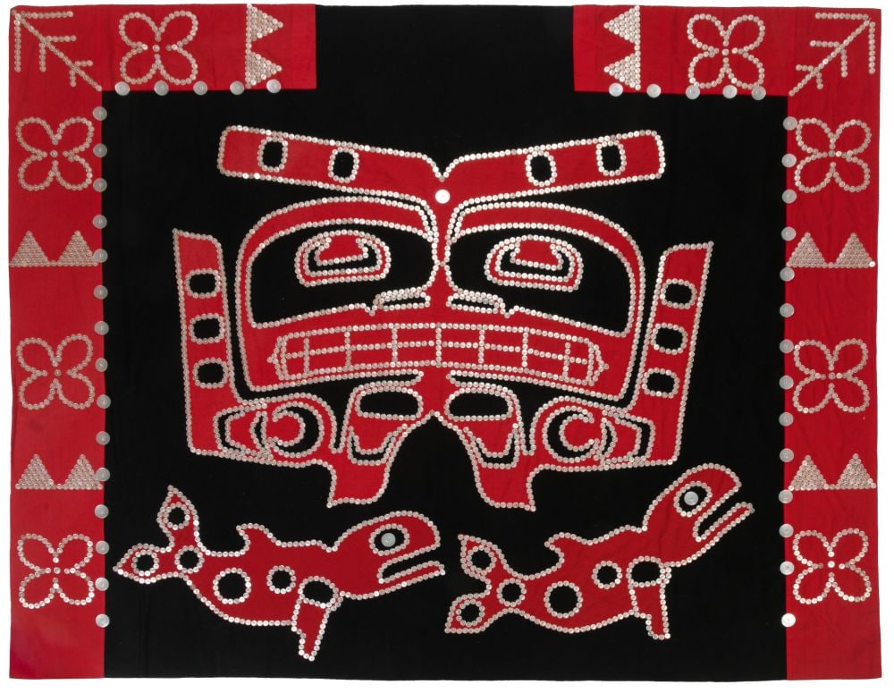 ATTR:MAXINE MATILPI (1956-) KWAKWA̱KA̱ʼWAKW, Button Blanket, 1990s: Attributed to MAXINE MATILPI (1956-) KWAKWA?KA?'WAKW Button Blanket, 1990s wool, felt, cotton thread, embroidery floss, and plastic buttons, 57 x 70 in (144.8 x 177.8 cm) unsigned. Provenance Col