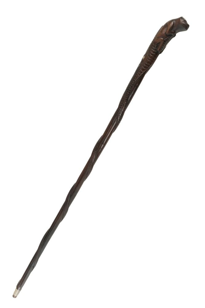 NORTHERN NWC, POSS. TSIMSHIAN, Cane, 19th century: UNIDENTIFIED ARTIST, NORTHERN NORTHWEST COAST, POSSIBLY TSIMSHIAN Cane or Staff with Circumventing Serpent and Frog Finial, 19th century wood, stain, abalone, and silver, 35 x 1.5 x 2.25 in (88.9 x 3.