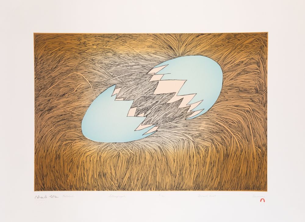 SHUVINAI ASHOONA, INUIT, Hatched, 2007 #30: SHUVINAI ASHOONA (1961-) KINNGAIT (CAPE DORSET) Hatched, 2007 #30 Printmaker: NIVIAKSIE QUVIANAQTULIAQ (1970-) KINNGAIT (CAPE DORSET) lithograph, 22.25 x 30 in (56.5 x 76.2 cm) 5/50 Provenance Private