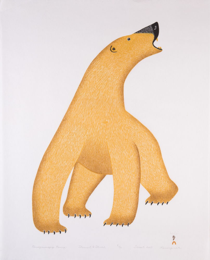 KANANGINAK POOTOOGOOK, INUIT, Ninngaumajuq Nanuq (Angry Bear), 2007 #5: KANANGINAK POOTOOGOOK, R.C.A. (1935-2010) KINNGAIT (CAPE DORSET) Ninngaumajuq Nanuq (Angry Bear), 2007 #5 Printmaker: QIATSUK NIVIAQSI (1941-) KINNGAIT (CAPE DORSET) stonecut and stencil, 24.25 x 19.2