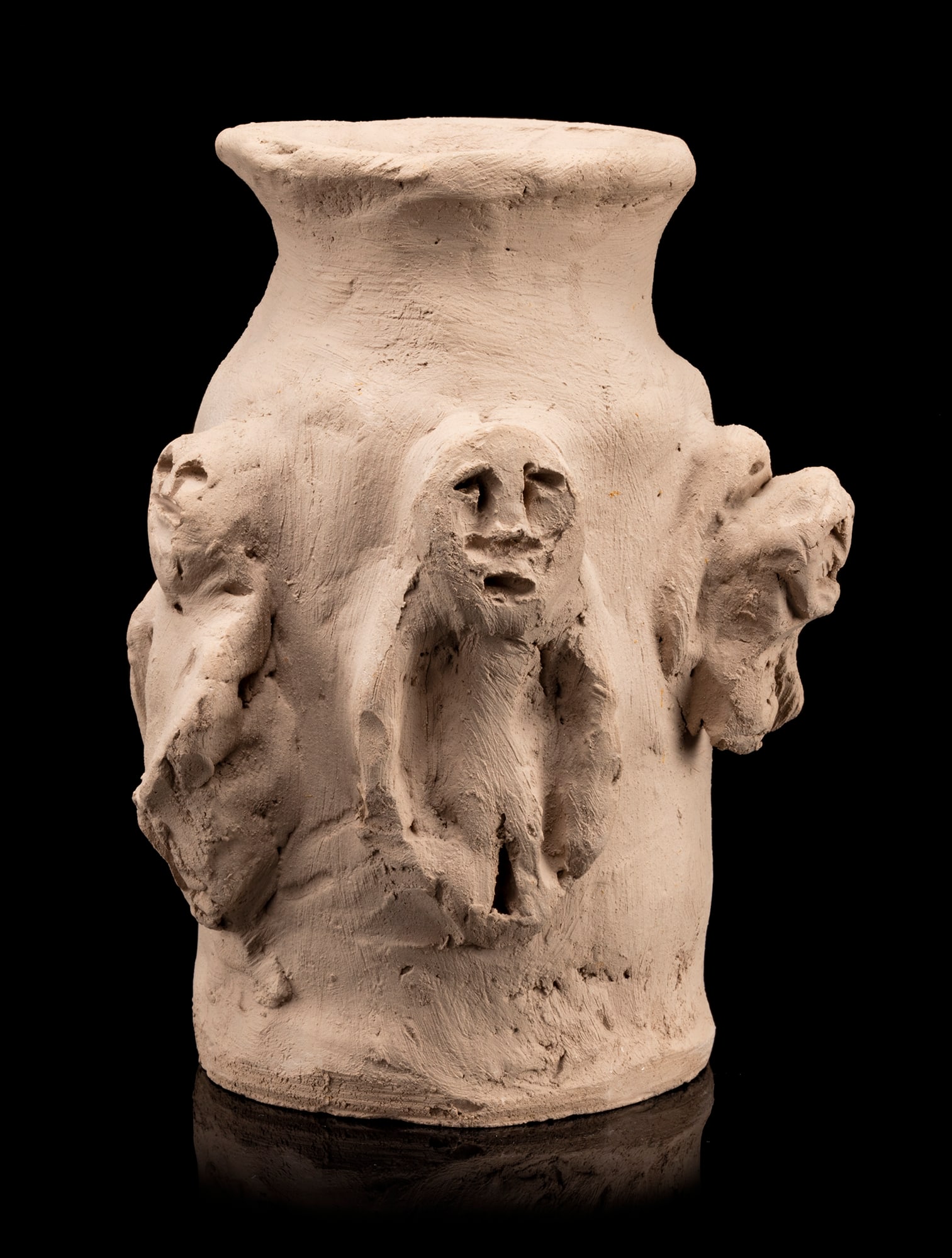 JOHN KAVIK, INUIT, Pot with Figures, early 1970s: JOHN KAVIK (1897-1993) KANGIQLINIQ (RANKIN INLET) Pot with Figures, early 1970s unglazed ceramic, 6.75 x 5.25 x 5.25 in (17.1 x 13.3 x 13.3 cm) Provenance Collection of John & Joyce Price, Seattle Kav