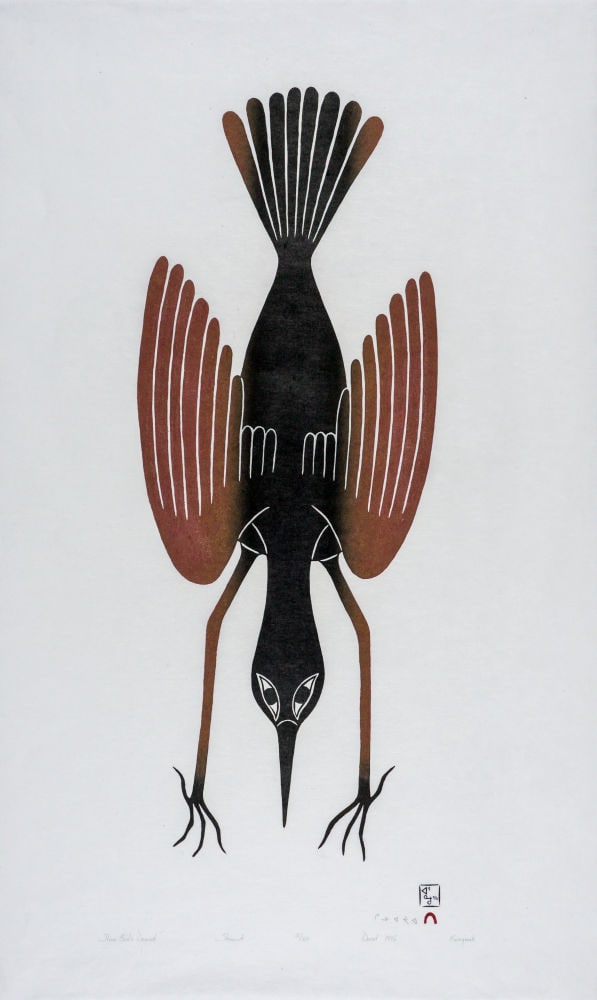 KENOJUAK ASHEVAK, INUIT, Shore Bird's Descent, 1996 #11: KENOJUAK ASHEVAK, C.C., R.C.A. (1927-2013) KINNGAIT (CAPE DORSET) Shore Bird's Descent, 1996 #11 Printmaker: ARNAQU ASHEVAK (1956-2009) KINNGAIT (CAPE DORSET) stonecut, 18.25 x 30 in (46.4 x 76.2 cm),