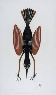 KENOJUAK ASHEVAK, INUIT, Shore Bird's Descent, 1996 #11: KENOJUAK ASHEVAK, C.C., R.C.A. (1927-2013) KINNGAIT (CAPE DORSET) Shore Bird's Descent, 1996 #11 Printmaker: ARNAQU ASHEVAK (1956-2009) KINNGAIT (CAPE DORSET) stonecut, 18.25 x 30 in (46.4 x 76.2